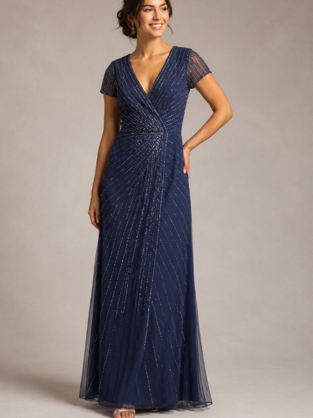David's Bridal Beaded Short Sleeve V-Neck Dress Pleats SZ 8 NWT STYLE# WGINCL761